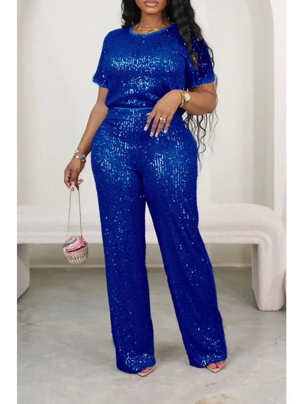 Sequin Solid Short Sleeved Top + Elastic Waist Wide Leg Pants Sequin 2-Piece Set to 3X