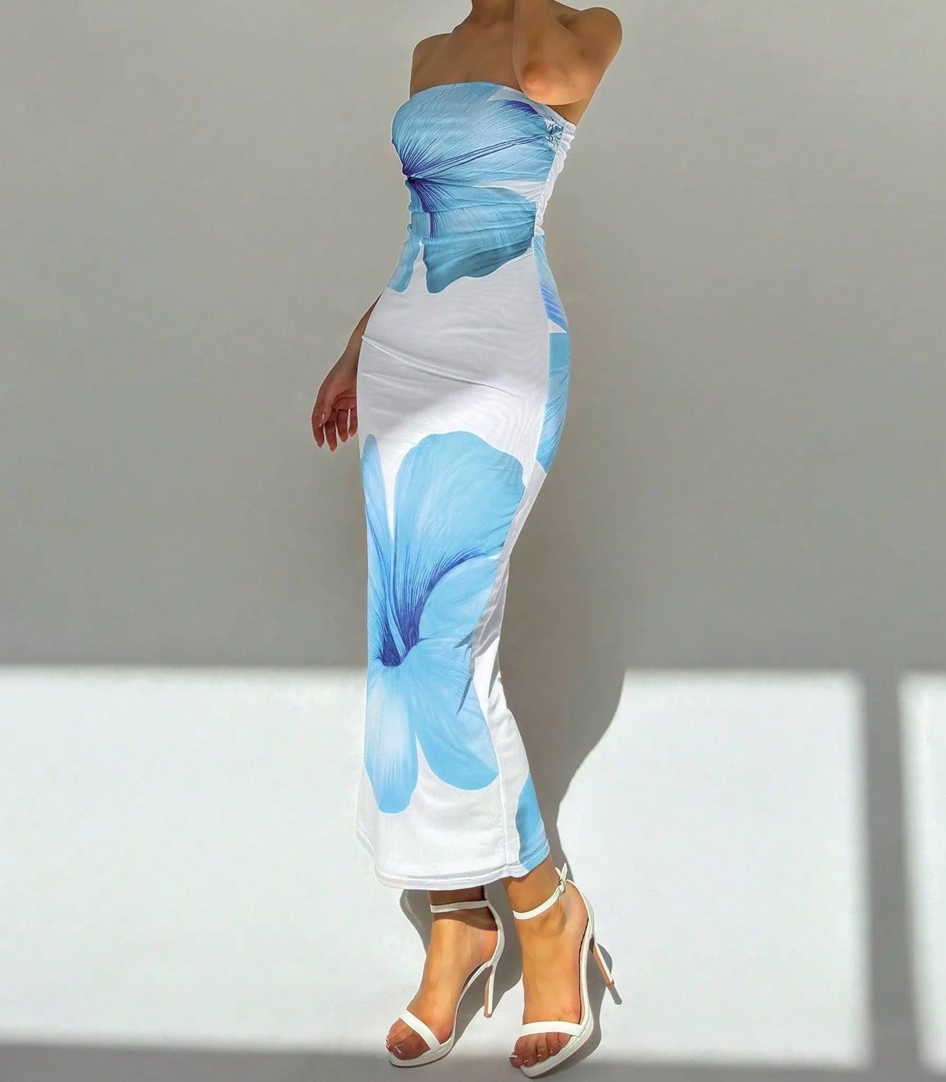Sleeveless Big Flower Print Bodycon Skinny Maxi Tube Dress