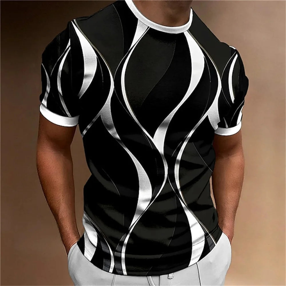 Men's Abstract Geometric 3D Striped Print O-Neck T-Shirt