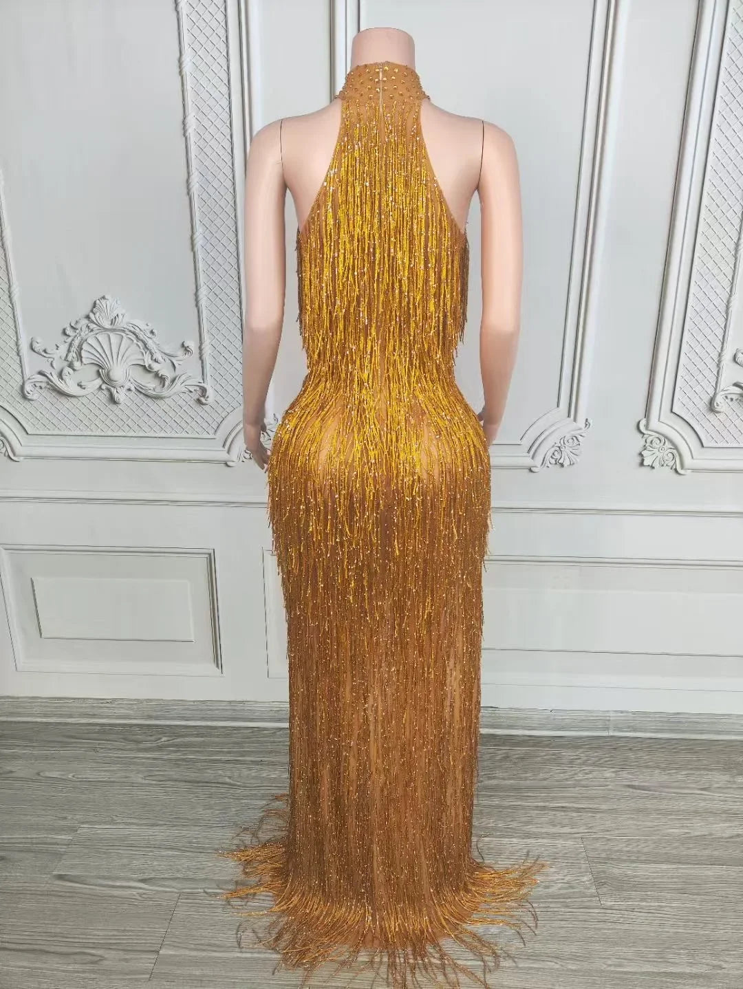 Rhinestone Tassel Fringe Sleeveless V-Neck Formal Evening Gown Maxi Dress