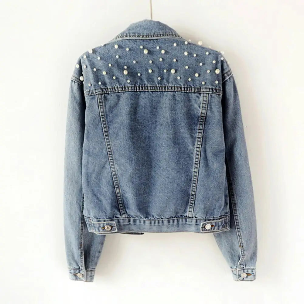 Pearl Beaded Single Breasted Cropped Denim Women's Jean Jacket to 3X Plus Size