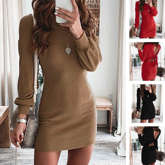 Ribbed Puffed Long Sleeve Color Backless Mini Dress