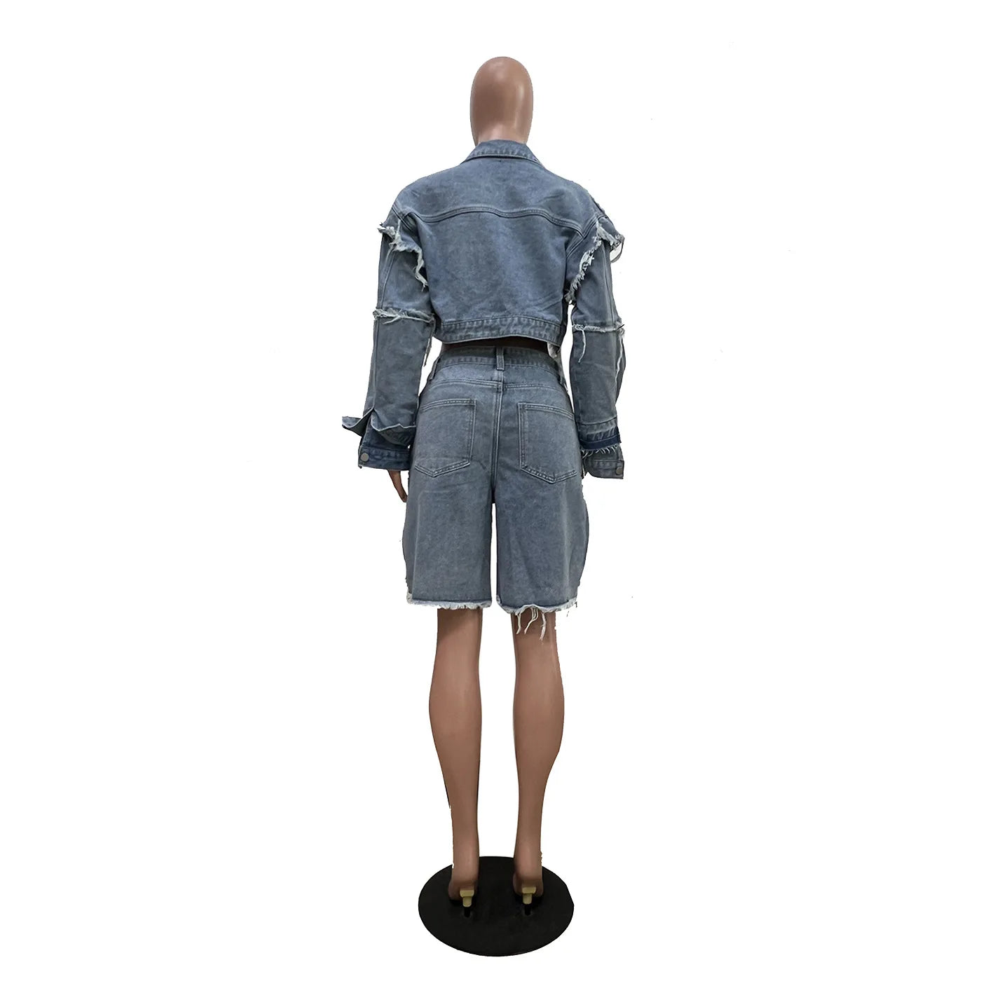 Denim Turn-Down Collar Cropped Jean Jacket + Ripped Colorblock Knee Length Shorts Women's 2-Piece Set