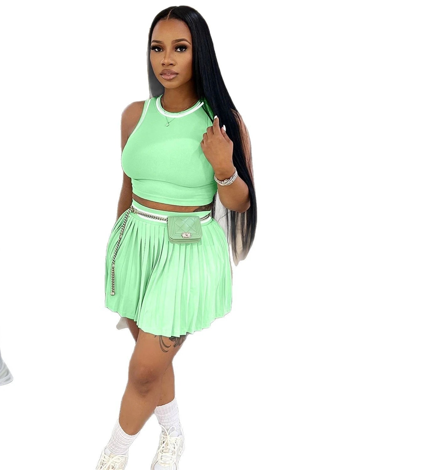 Sleeveless Solid Color O-Neck Crop Tank Top + Pleated Mini Tennis Skirt Women's Fitness 2-Piece Set