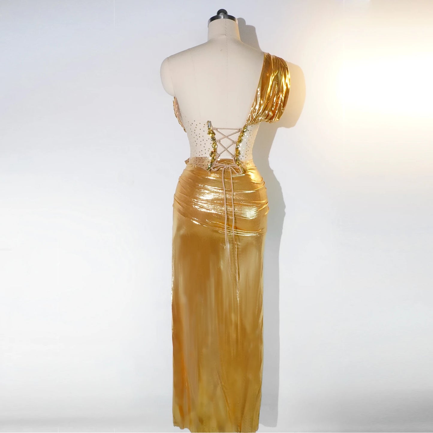 Gold Crystal Rhinestone Asymmetrical One Shoulder Women's Top + High Slit Maxi Skirt 2-Piece Formal Stage Costume Set