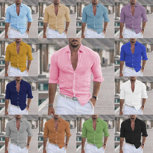 Men's Solid Color Single Breasted Button-Up Long Sleeve Turn-Down Collar Beach Shirt