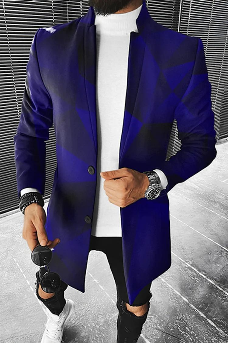 Men's Stand Collar Colorblock/Plaid/Geometric/African 3D Print 3/4 Length Button-Up Jacket 5X Big & Tall