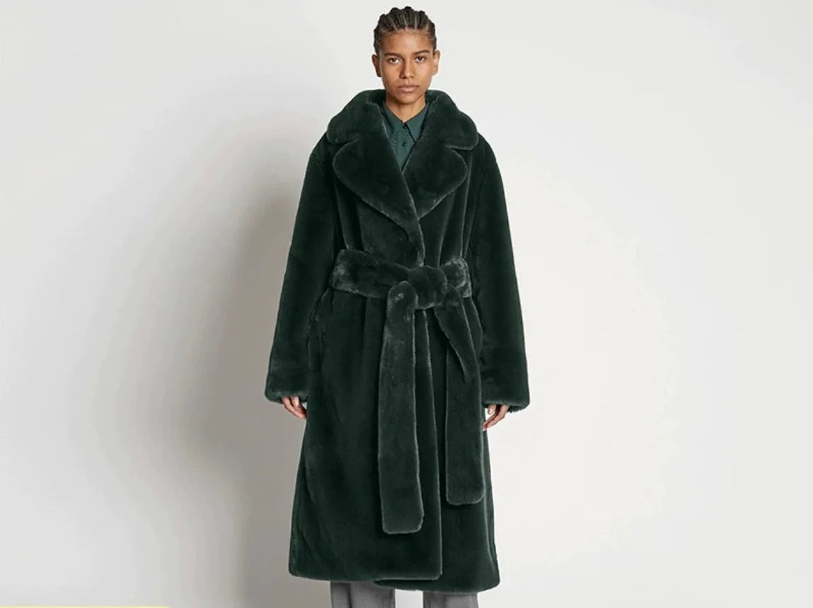 Plush Faux Fur Turn-Down Collar Solid Color Women's Loose Trenchcoat w/ Sash Belt to 5X Plus Size