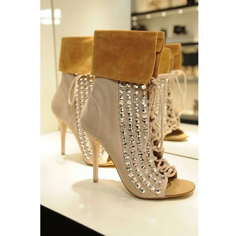 Bling Crystal Embellished Peep Toe Cross Tie Thin Heel Ladies Gladiator Ankle Boots