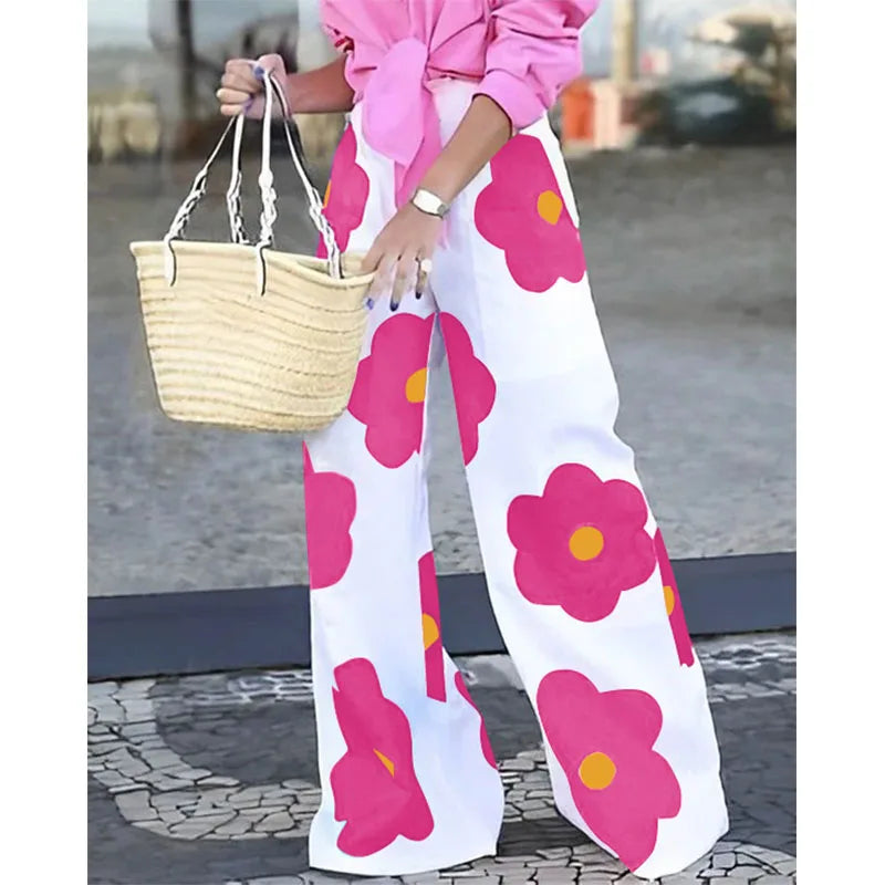 Big Flower Wide Leg Contrast Color Floral Printed Pants