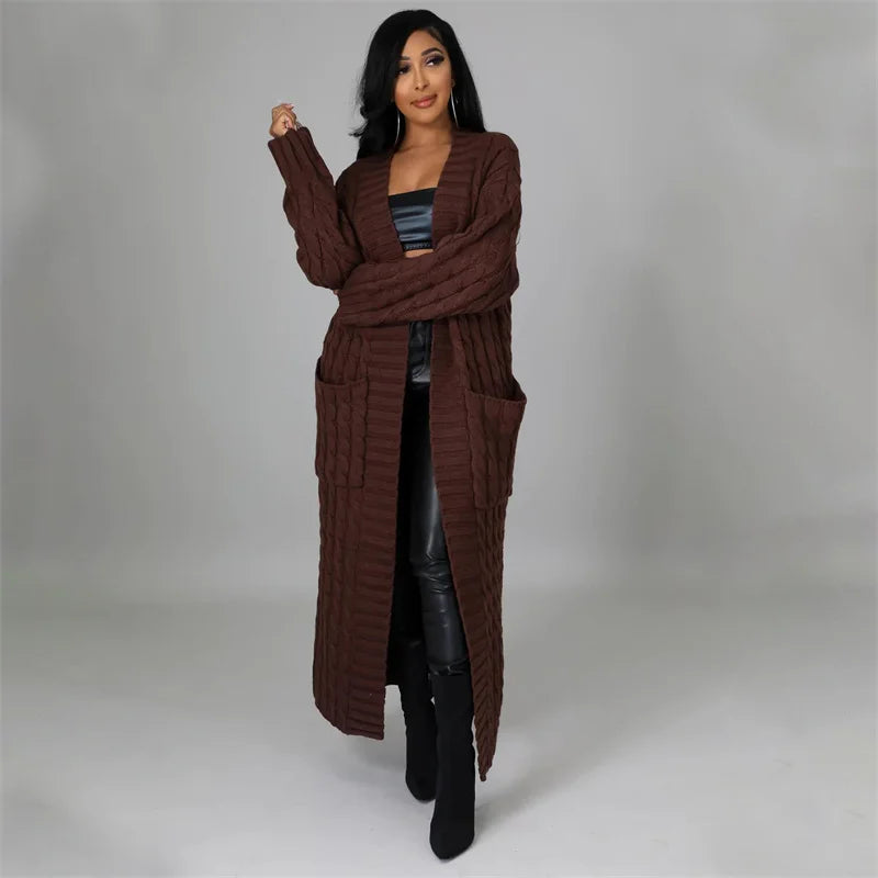 Knitted Weave Pattern Ribbed Maxi Cardigan Sweater