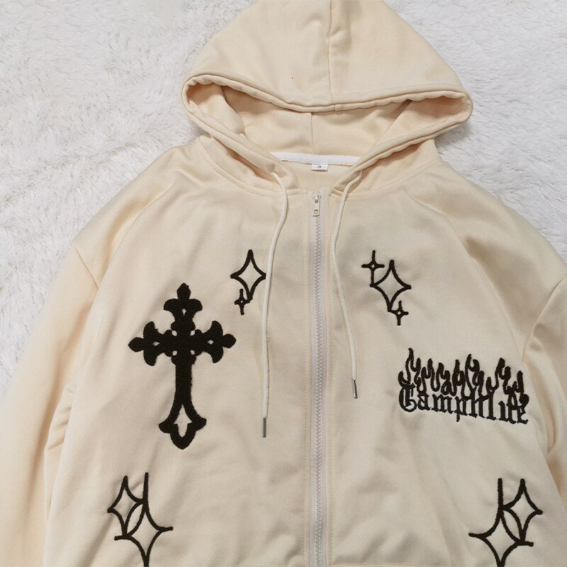 Gothic Retro Hip Hop Zip Up Hoodie Loose Sweatshirt