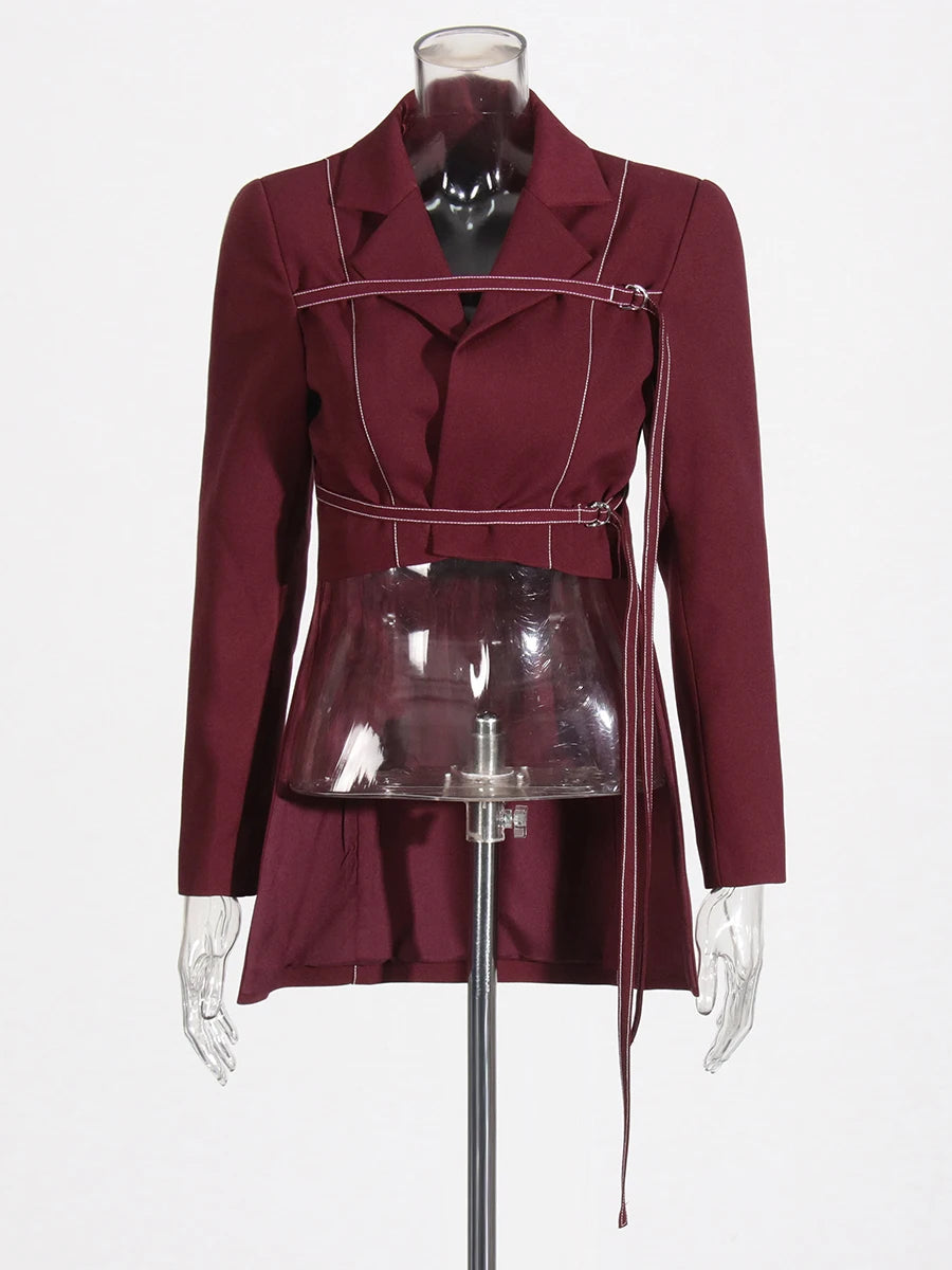 Burgundy Irregular Notched Collar Double Strap Design Blazer Jacket + High Waist Straight Pants Women's Formal Suit