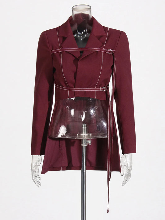 Burgundy Irregular Notched Collar Double Strap Design Blazer Jacket + High Waist Straight Pants Women's Formal Suit