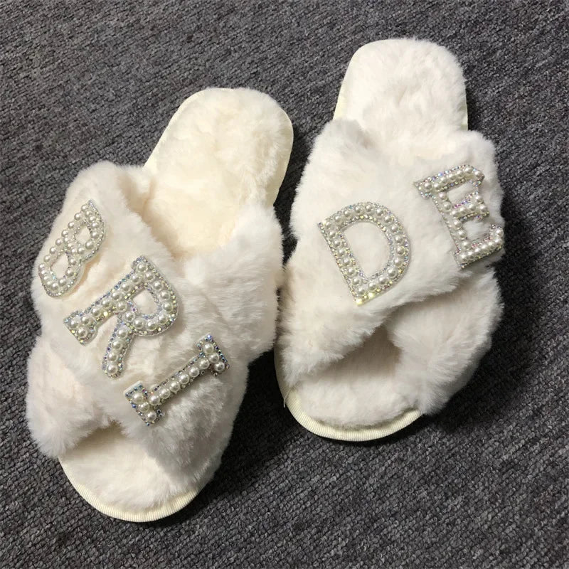 "BRIDE" Plush Fleece Bride Honeymoon Shower Slippers