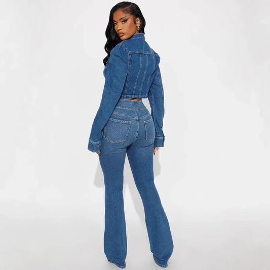 Denim Blue Mandarin Collar Women's Crop Jean Jacket + Jeans Matching 2-Piece Set