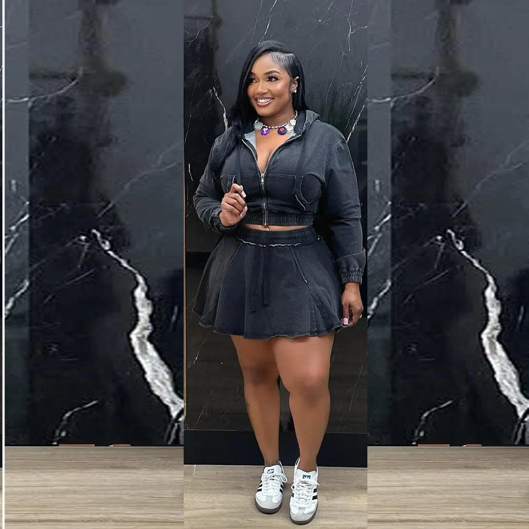 Faded Denim Women's Jean Hoodie Jacket + Pleated Mini Jean Skirt 2-Piece Set