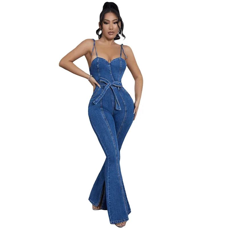 Denim Blue Corset Top Spaghetti Strap Flared Leg Women's Sash Belted Jean Jumpsuit