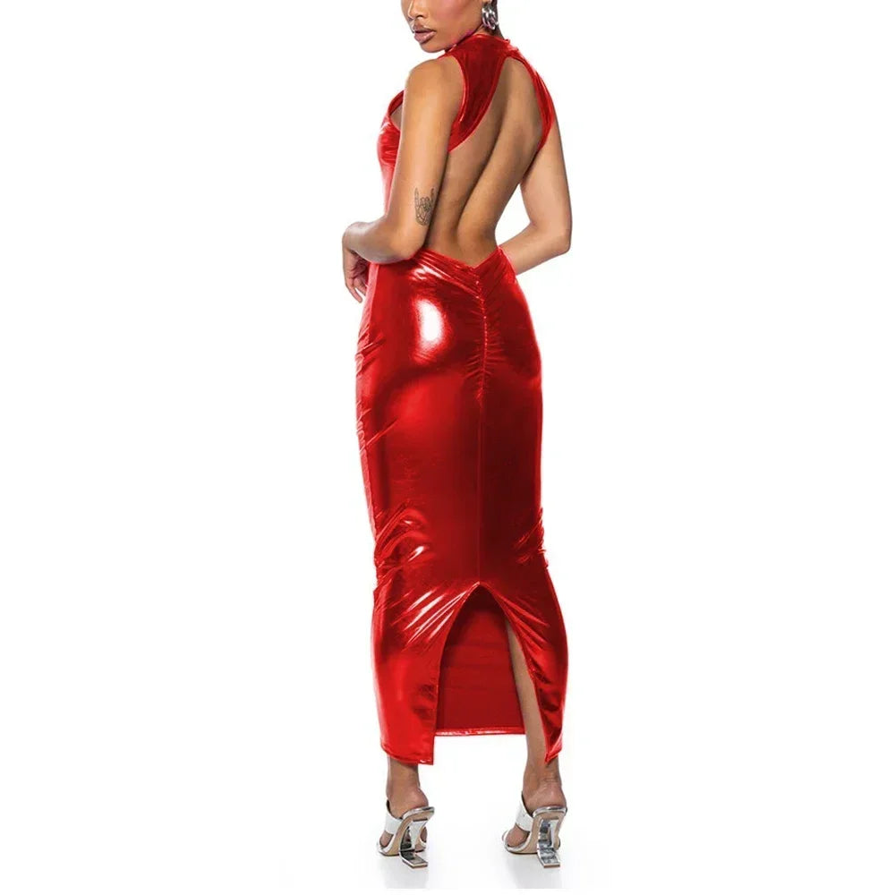 Shiny PU Leather Metallic Backless Sleeveless High Back Slit Bodycon Formal Maxi Party Dress to 3X Plus Size