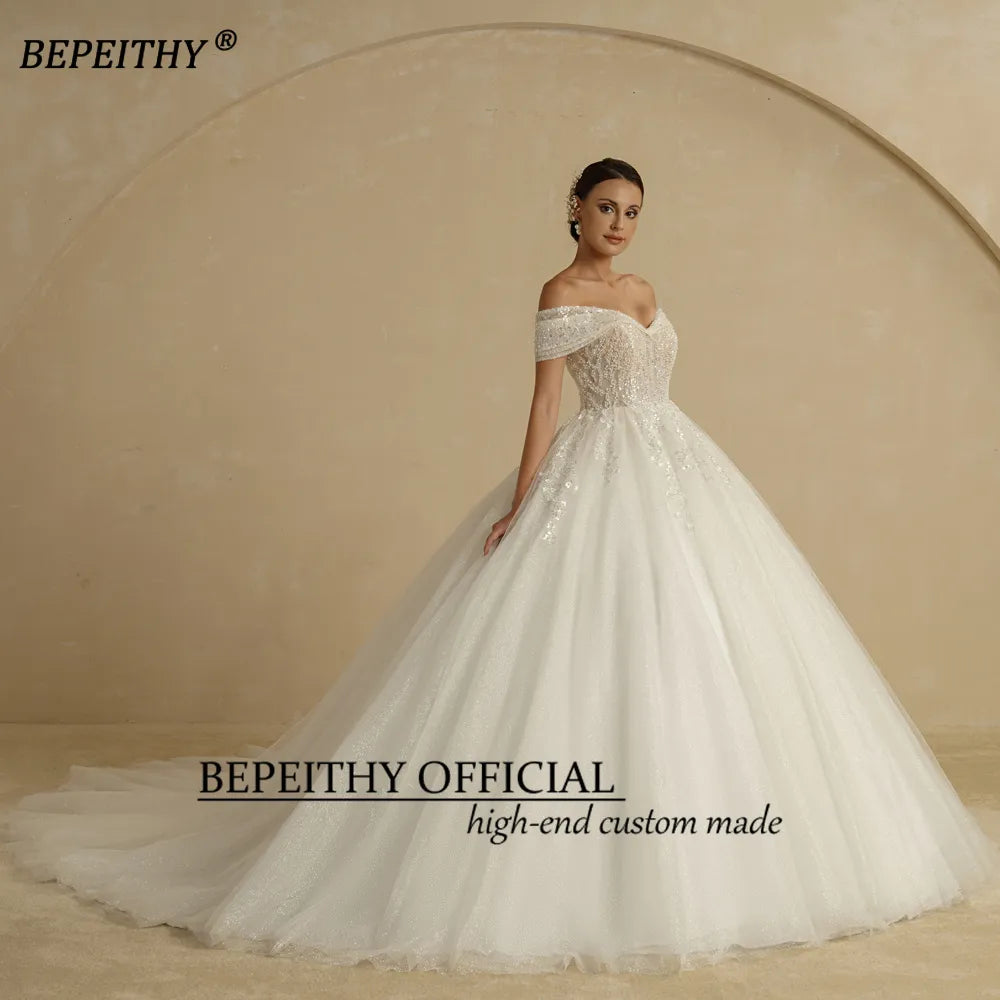 Ivory Beaded Off-the-Shoulder Sleeveless Floor-Length Bridal Wedding Gown Dress