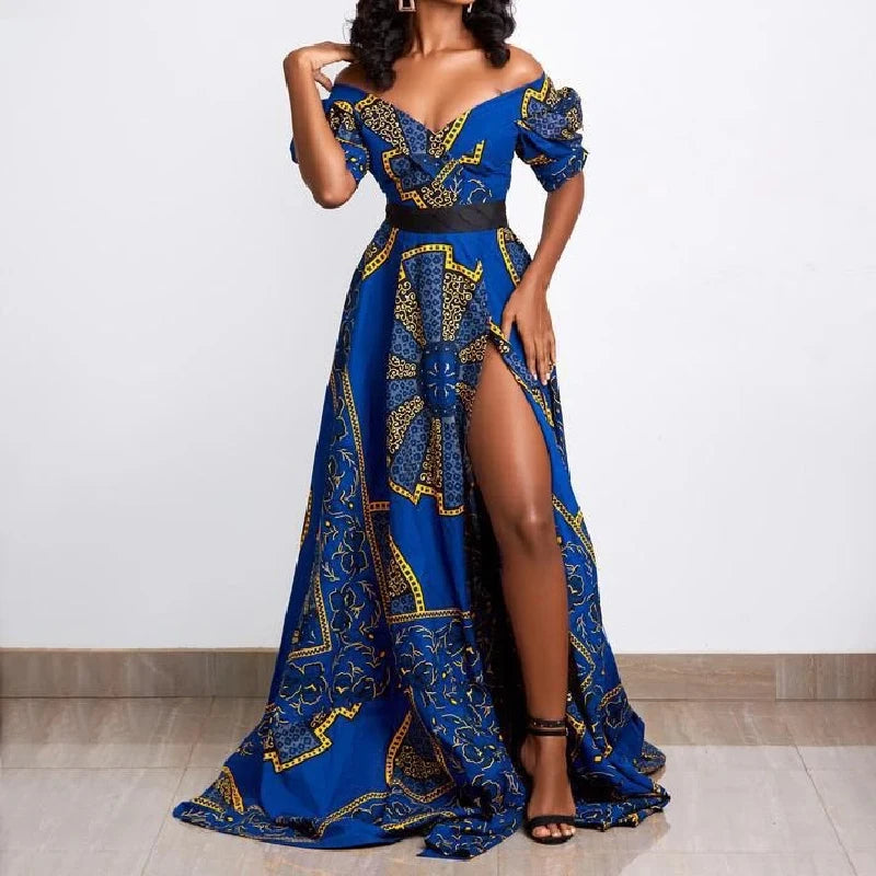 African Dashiki Print Off-the-Shoulder Short Sleeve V-Neck Backless High Slit Maxi Dress