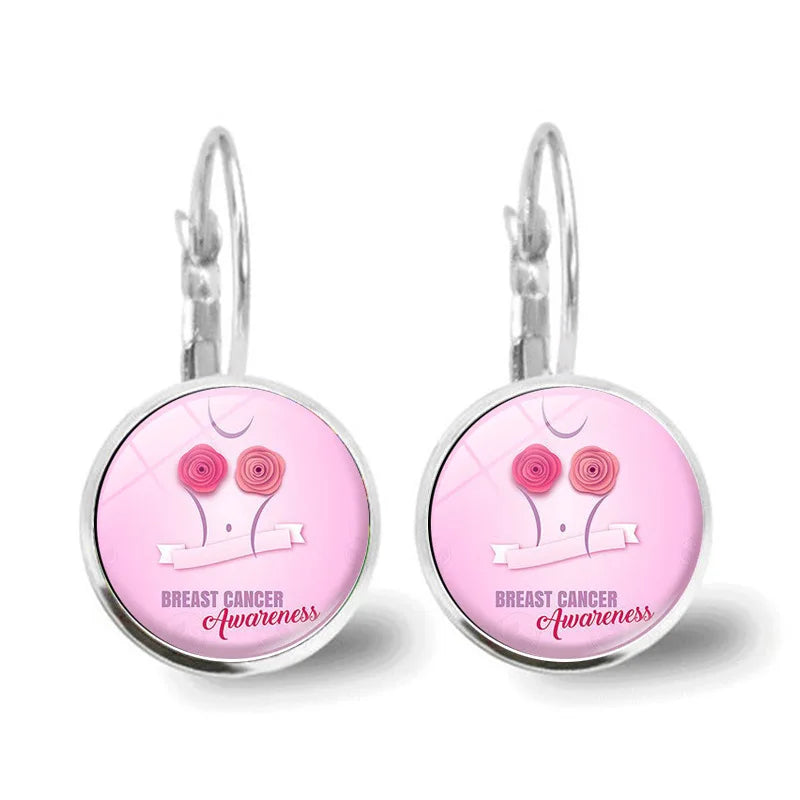 Glass Breast Cancer Awareness Ribbon Pendant Alloy Drop Earrings