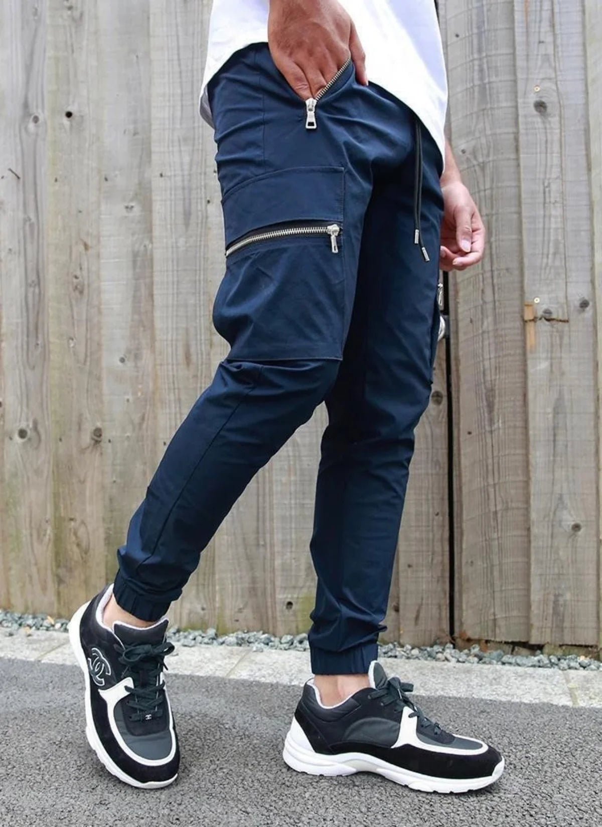 Men's Zipper Pocket Design Drawstring Solid Cargo Pants