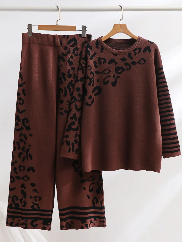 Leopard Print Jacquard Knitted Women's Loose Sweater Top + Straight Pants 2-Piece Set