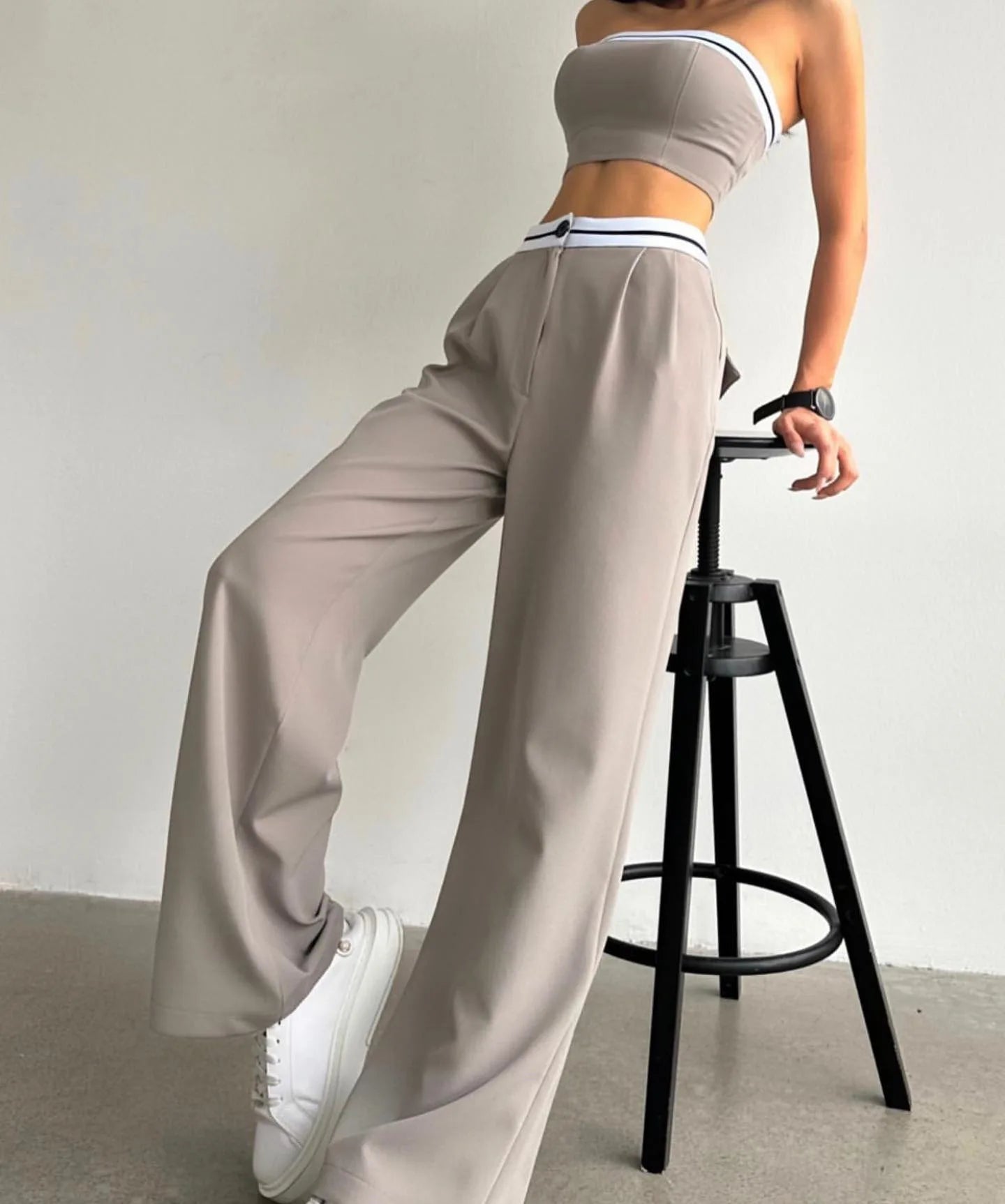 Striped Contrast Color Tube Top w/ Elastic Waist Wide Leg Long Pants 2-Piece Set