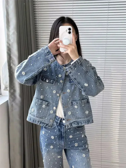 Denim Pearl Floral Embellished Women's Turn-down Collar Jean Jacket OR Pearl Embellished Matching Jeans SOLD AS SEPARATES