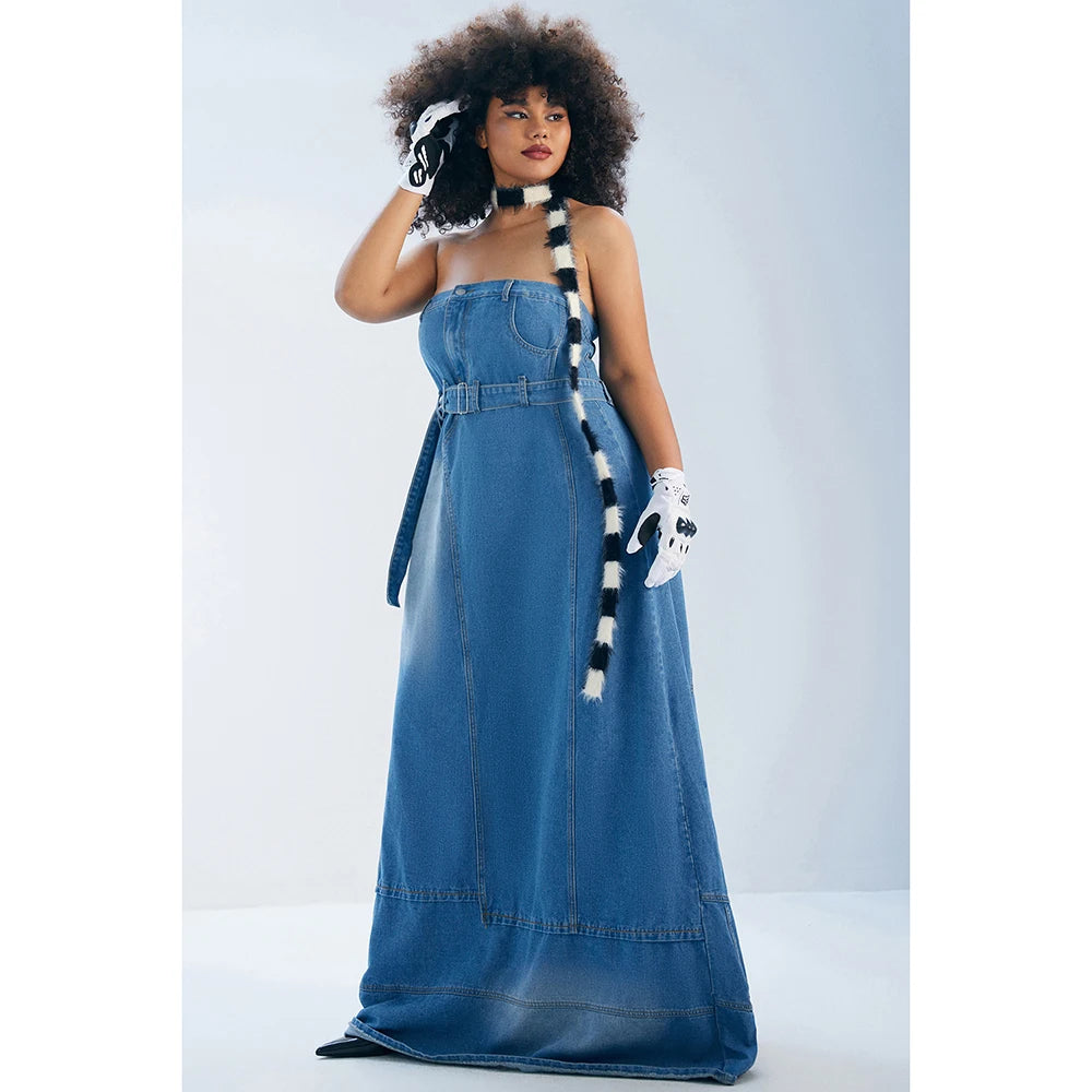 Denim Tube Design Off-the-Shoulder Retro Solid Color Belted Maxi Jean Dress to 4X Plus Size