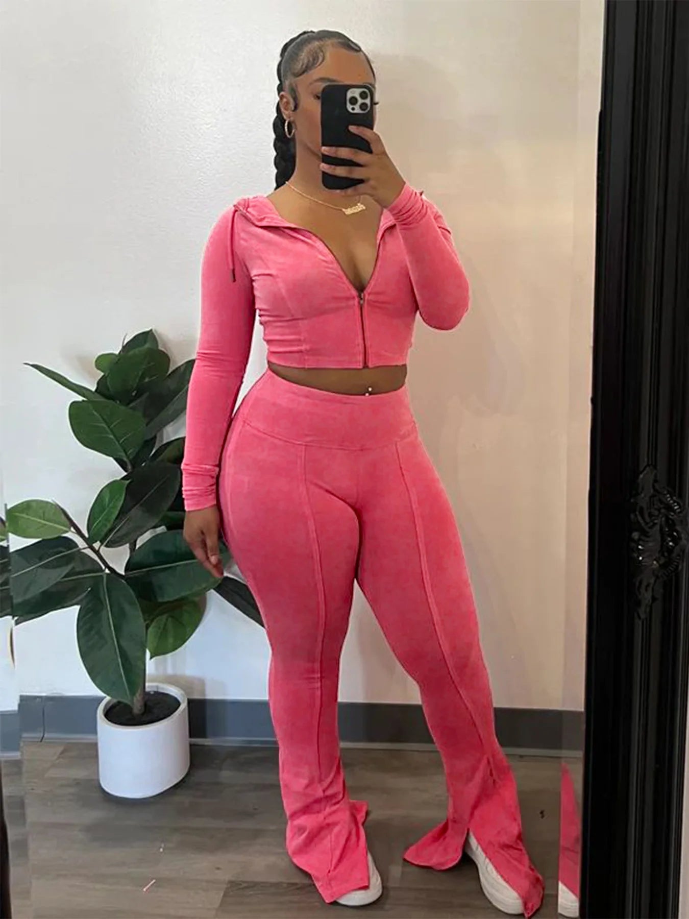 Ribbed Stretch Women's Zipper Hooded Patchwork Jacket + Flare Pants Joggers Tracksuit