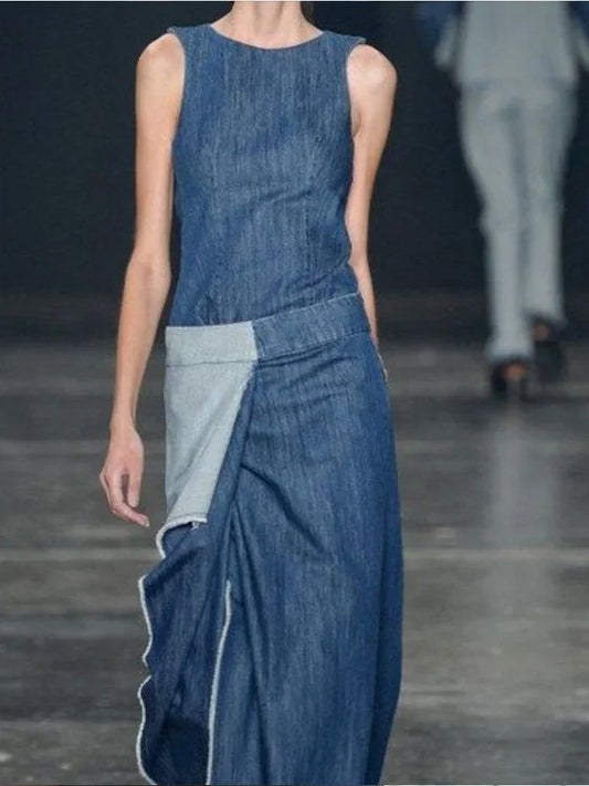 Denim Irregular Patchwork Colorblock Sleeveless Maxi Jean Dress