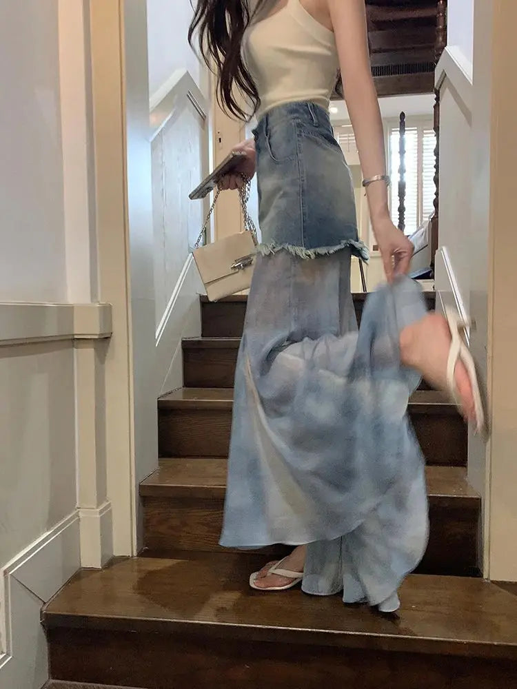Retro Denim Patchwork Mesh Transparent Fishtail Design High Waisted Ruffled Jean Sheer Contrast Maxi Skirt