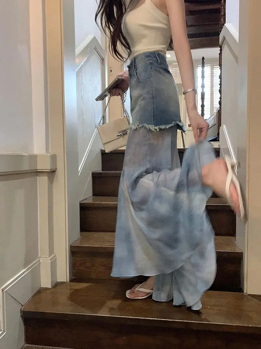 Retro Denim Patchwork Mesh Transparent Fishtail Design High Waisted Ruffled Jean Sheer Contrast Maxi Skirt
