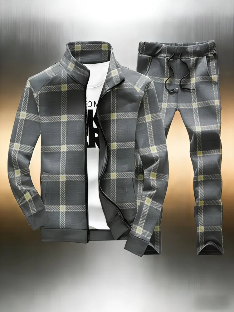 Men's Plaid Print Stand Collar Sports Zipper Jacket + Skinny Drawstring Jogger Sweatpants Tracksuit