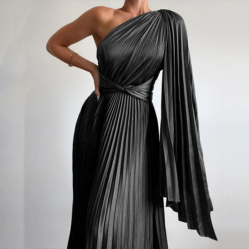 Asymmetrical One Shoulder Oblique Collar Pleated Formal Party Dress w/ Long Sash