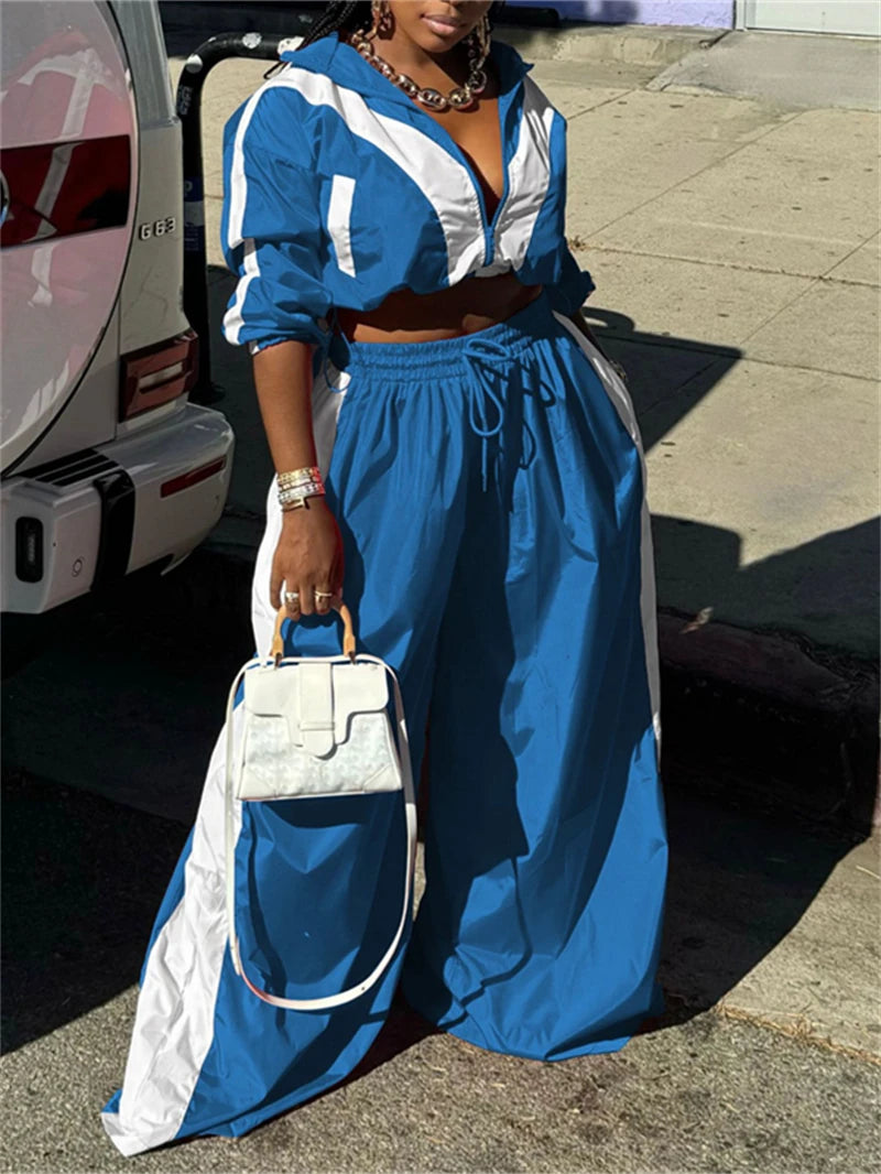 Streetwear Colorblock Women's Loose Crop Zipper Jacket + Wide Leg Pants Tracksuit