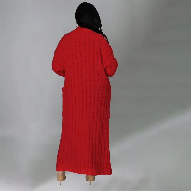 Knitted Weave Pattern Ribbed Maxi Cardigan Sweater