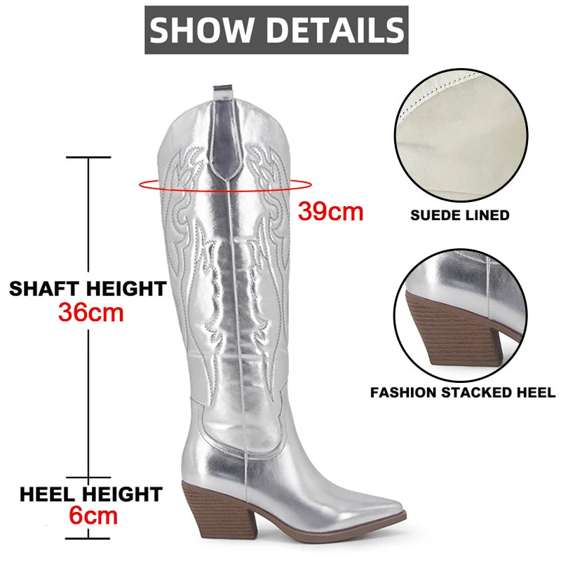 Western Metallic Embroidered Women's Pointed Toe Knee-High Chelsea Cowgirl Boots