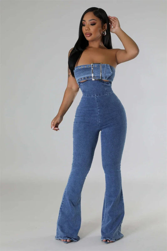 Denim Tube Top Buckle Strap Design Strapless Belt Flare Jean Jumpsuit