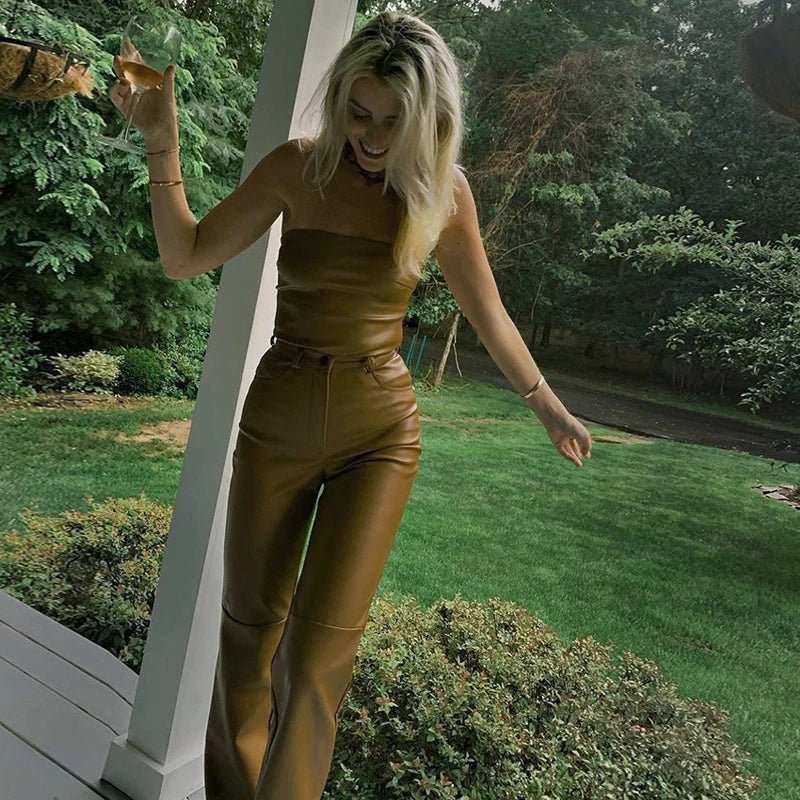 Ultra-Hot Kendall Camel Color Leather Pants Women's Spring Autumn Style Bell Bottoms PU Leather Crop Top Fashion Set Women
