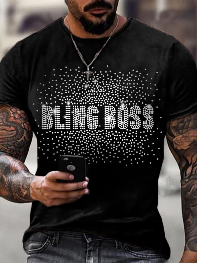 Men's "Bling Boss" Rhinestone Designer Short Sleeve T-Shirt