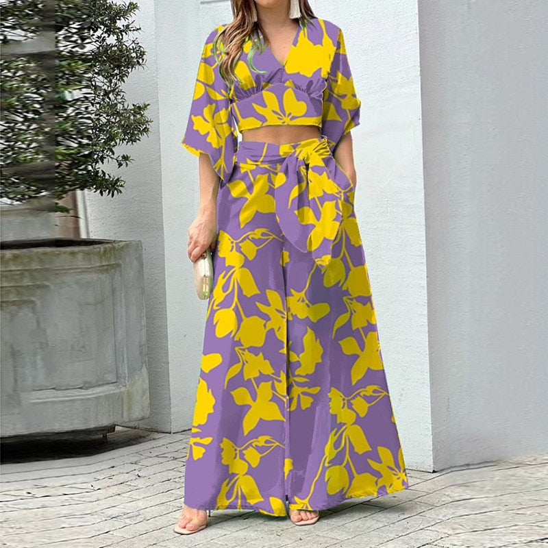 Floral Printed High Waist Wide Pants 3-Piece Set