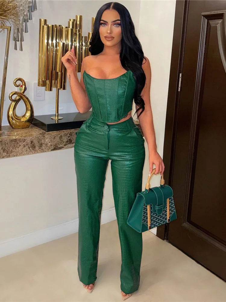 Sleeveless Croc Pattern Corset Tube Top + Cargo Pants Women's 2-Piece Set