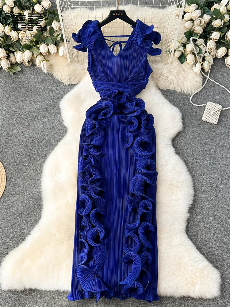 Rose Flower Ribbed Ruffled Design Off-the-Shoulder Sleeveless Solid O-Neck Elastic Waist Formal Maxi Dress