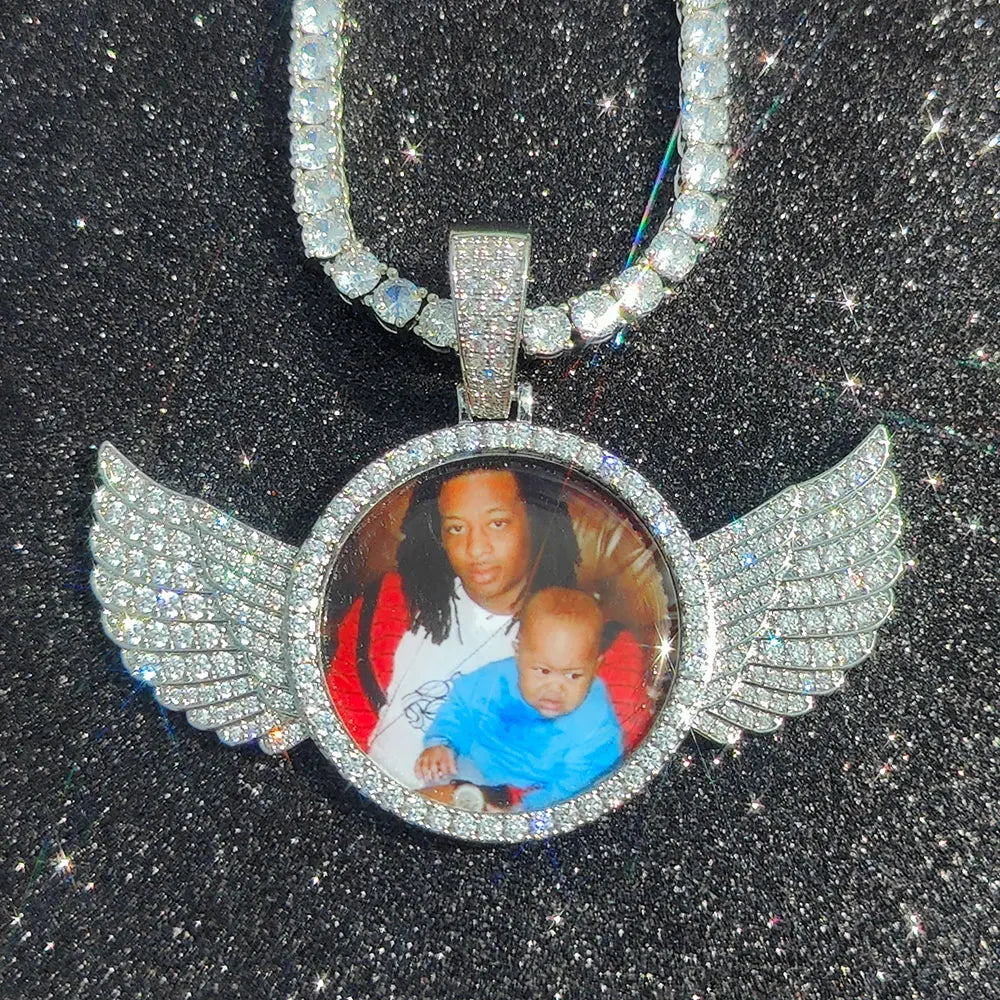 Customized Angel Wing Round Memory  Personalized Picture Pendant Tennis Chain Necklace