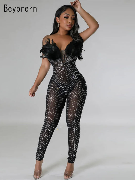 Sparkling Feather Design Off Shoulder Sheer Mesh Jumpsuit