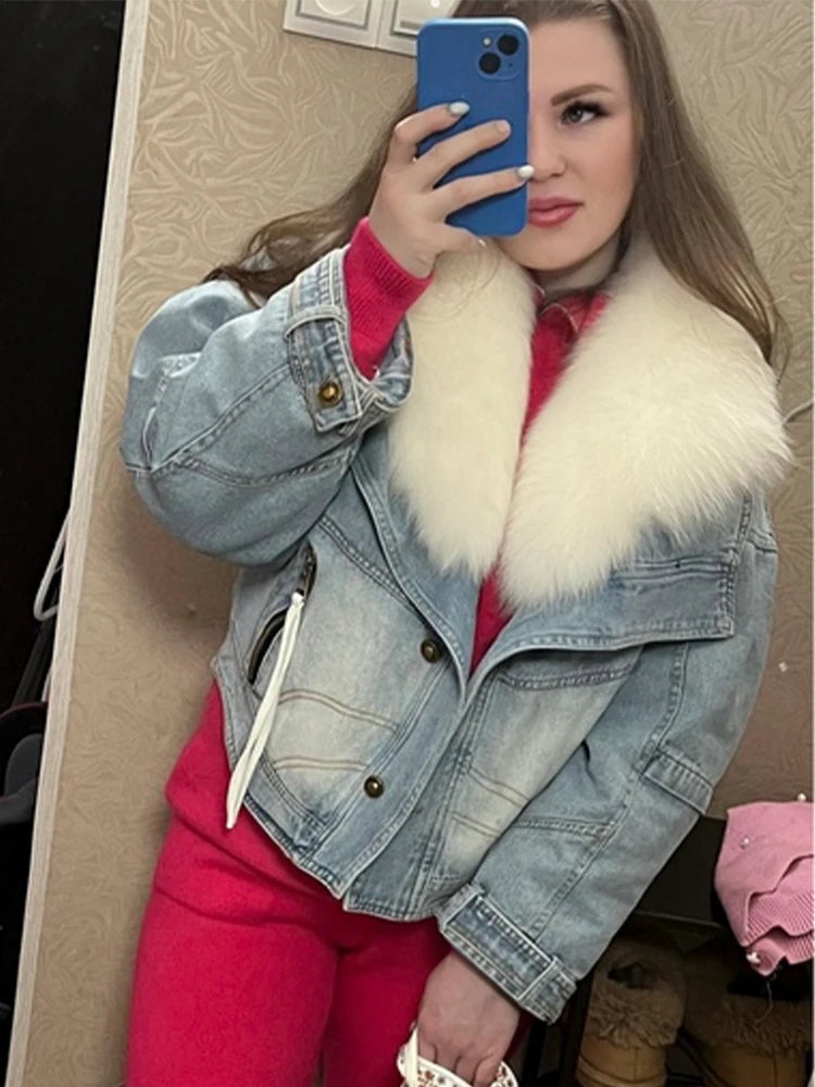 Denim Oversized 100% Real Fox Fur Collar Short Women's Goose Down Puffer Jean Jacket