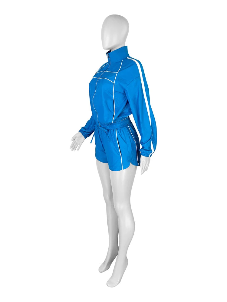 Side Striped Women's Long Sleeve Fitness Zipper Jacket + Mini Gym Shorts 2-Piece Tracksuit